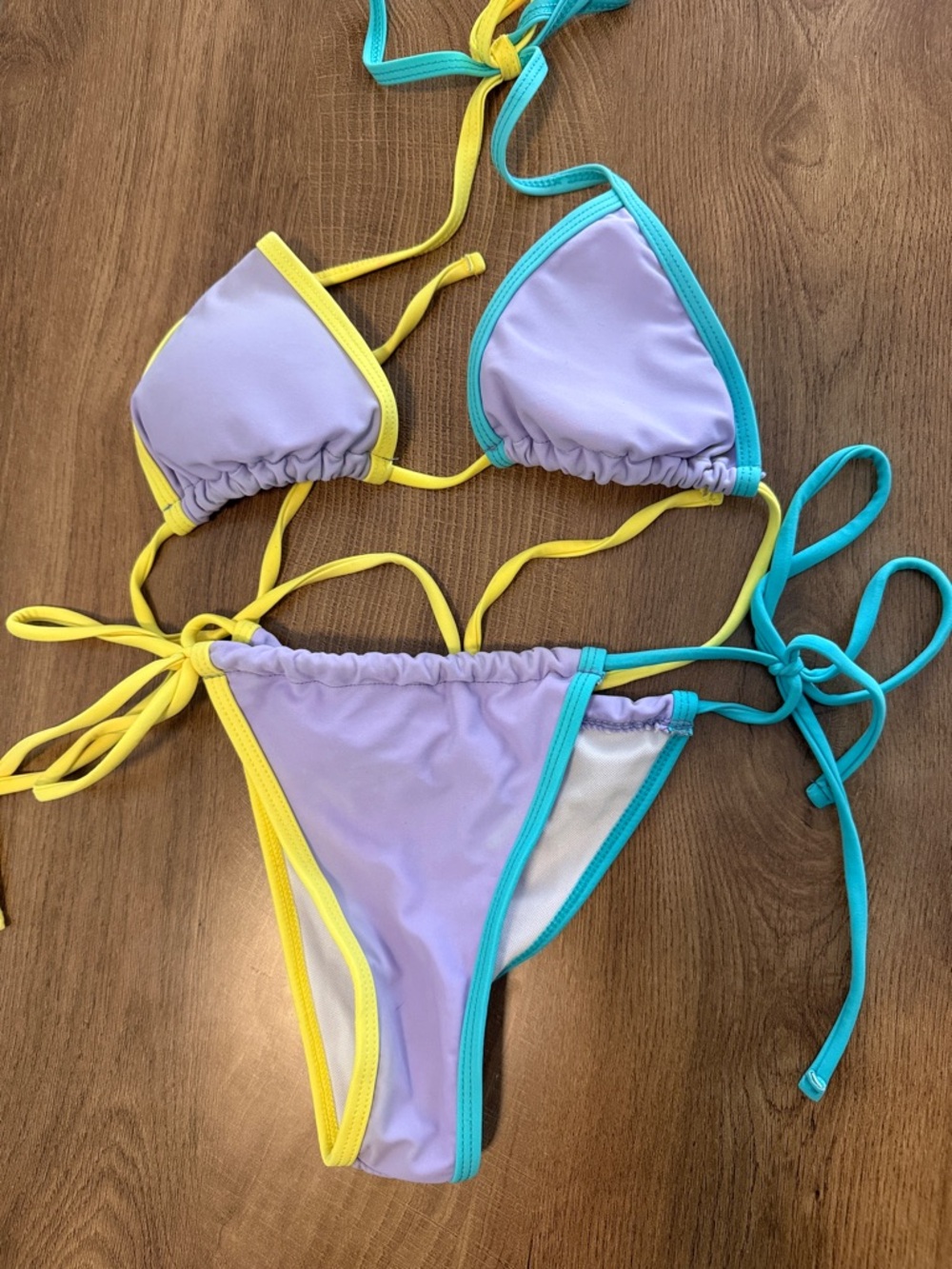 Lilac Triangle Bikini with Yellow & Teal Trim